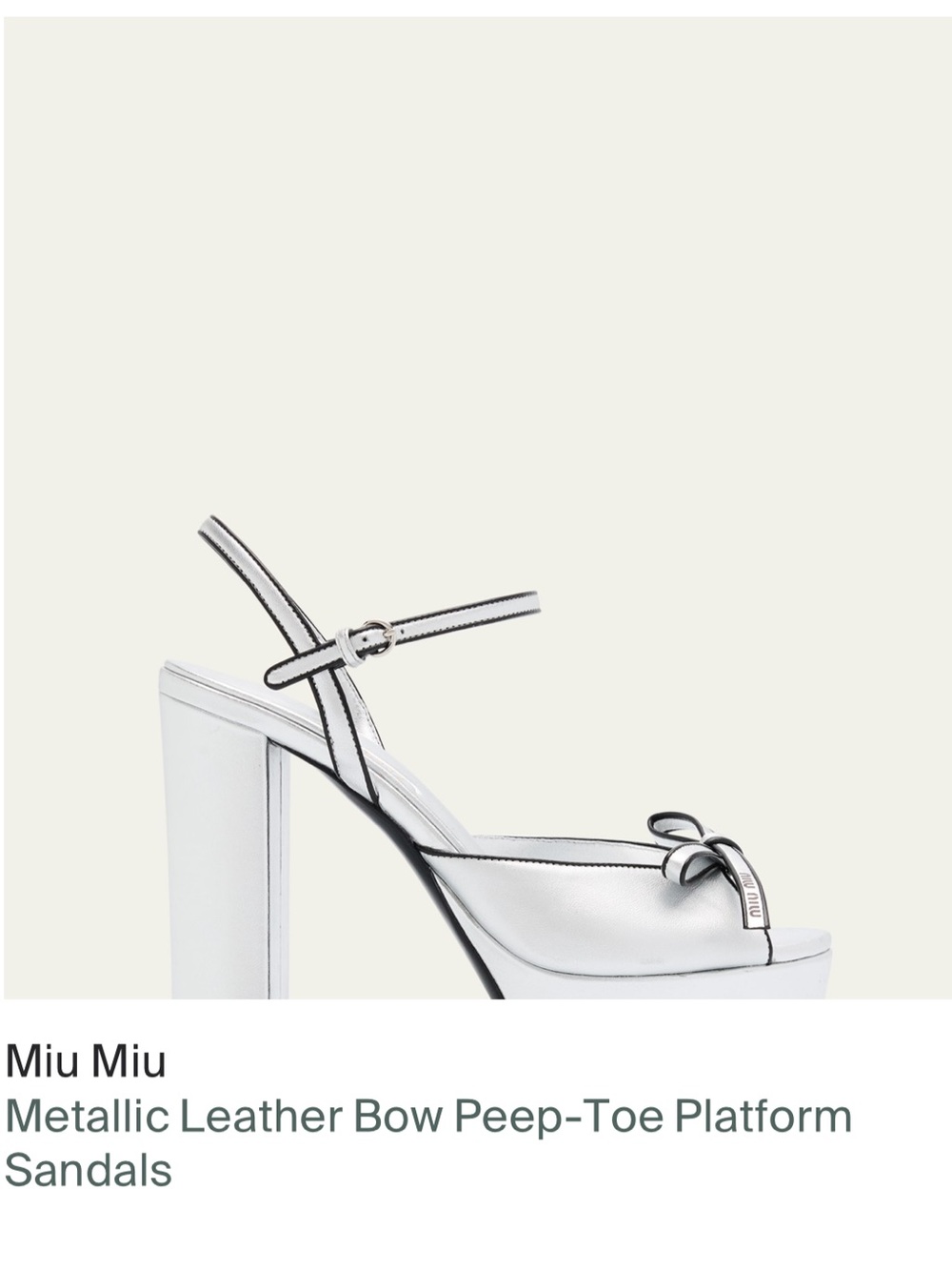 Miu Miu Silver Metallic Leather Bow Peep-Toe Platform Sandals